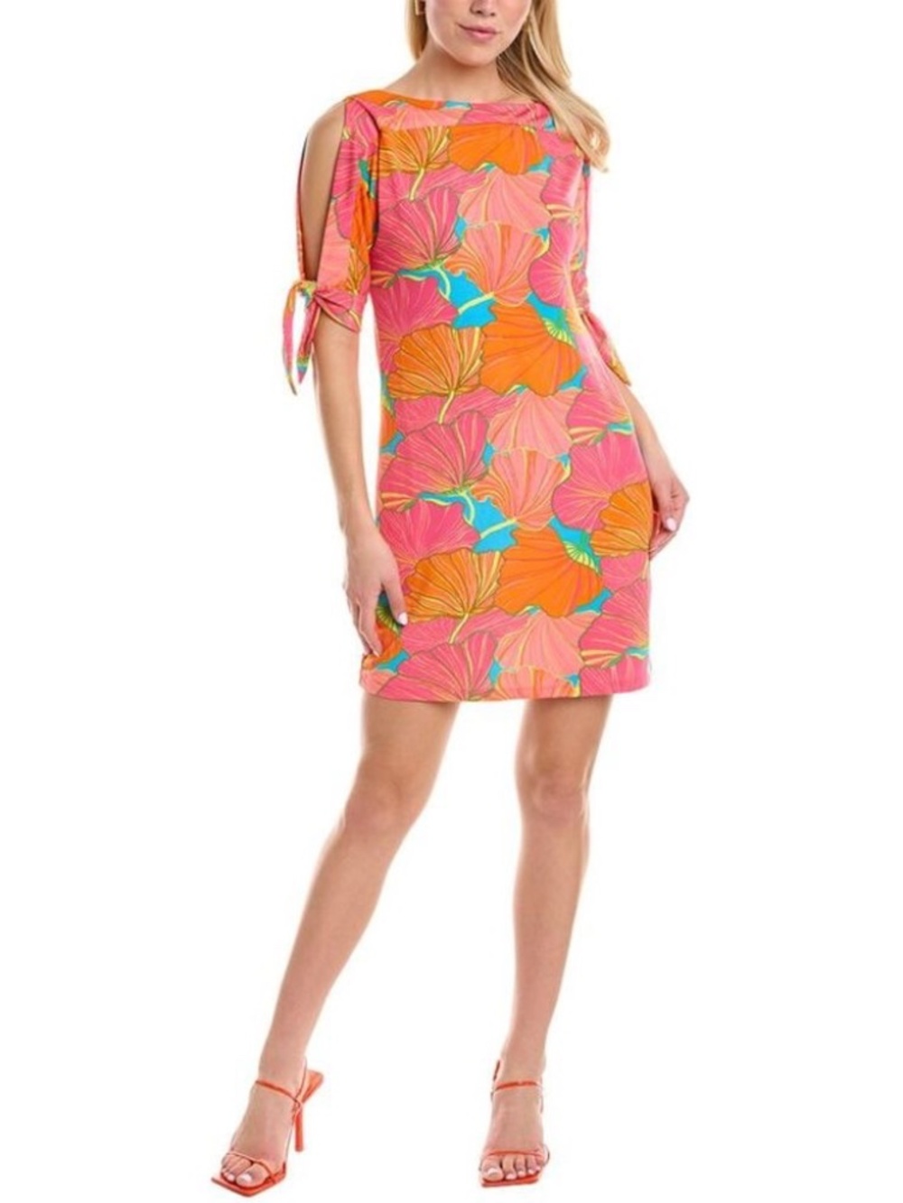 Trina Turk Vinet Dress Large Ginkgo Floral Pink Orange Split Tie Sleeve Mini